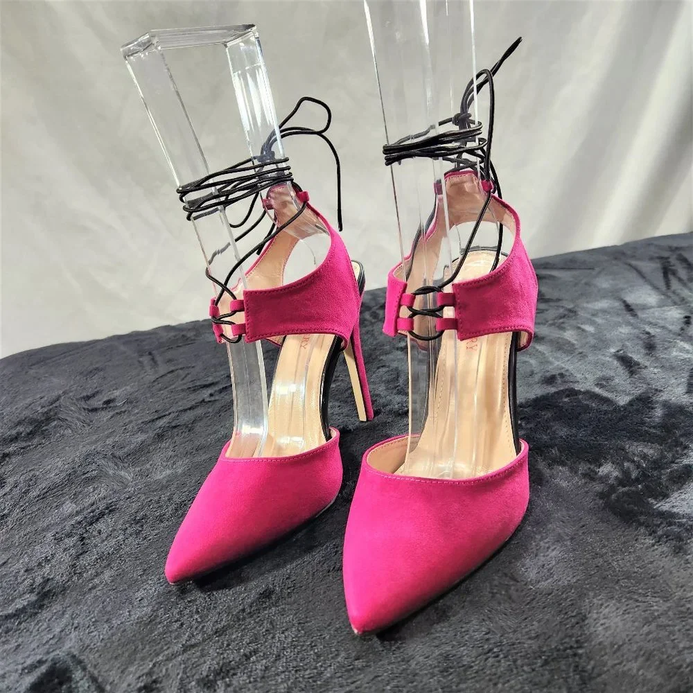 Red Cherry Fuchsia With Black Elastic Wrap Sandals With 4 1/2